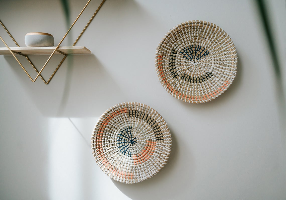 Set of 3 Wall Hanging Baskets Decor, Woven Tabletop Basket, Seagrass Woven Wall Basket Plates