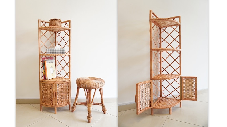 Wicker Boho Corner Shelf Cupboard with 2-Door Storage - TPC010