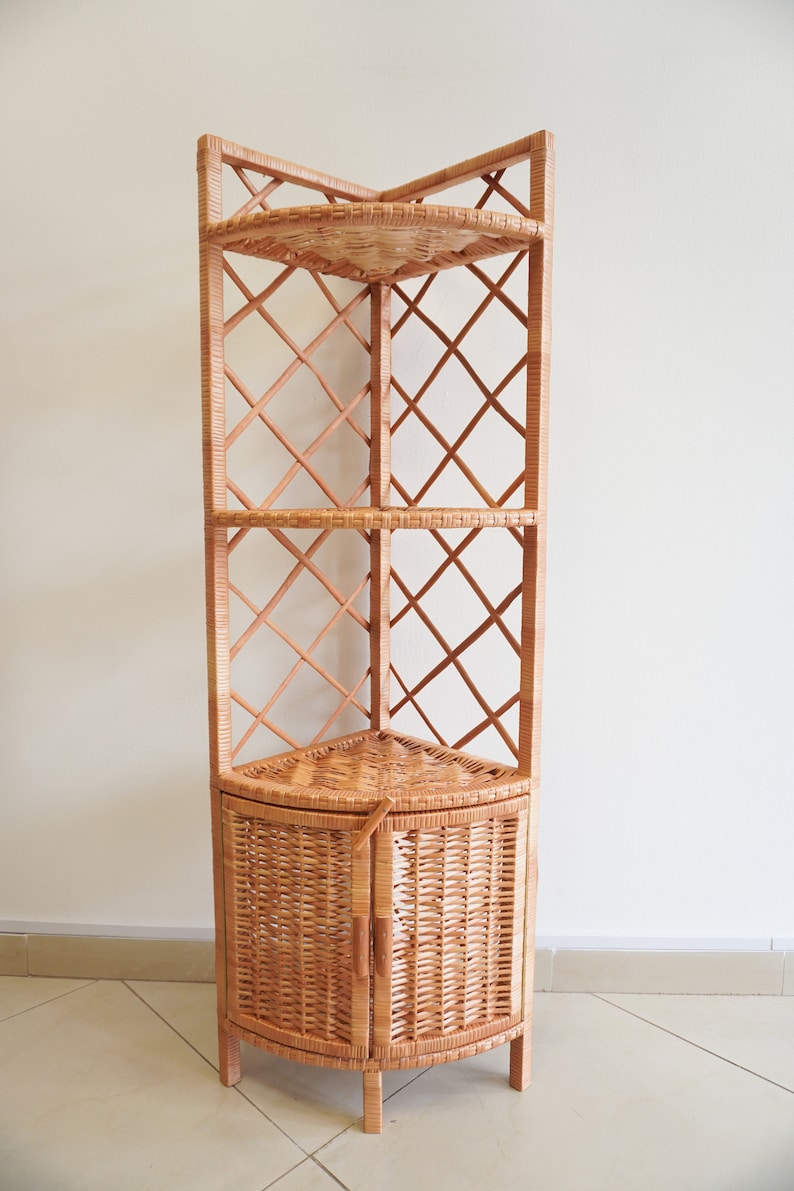 Wicker Boho Corner Shelf Cupboard with 2-Door Storage - TPC010