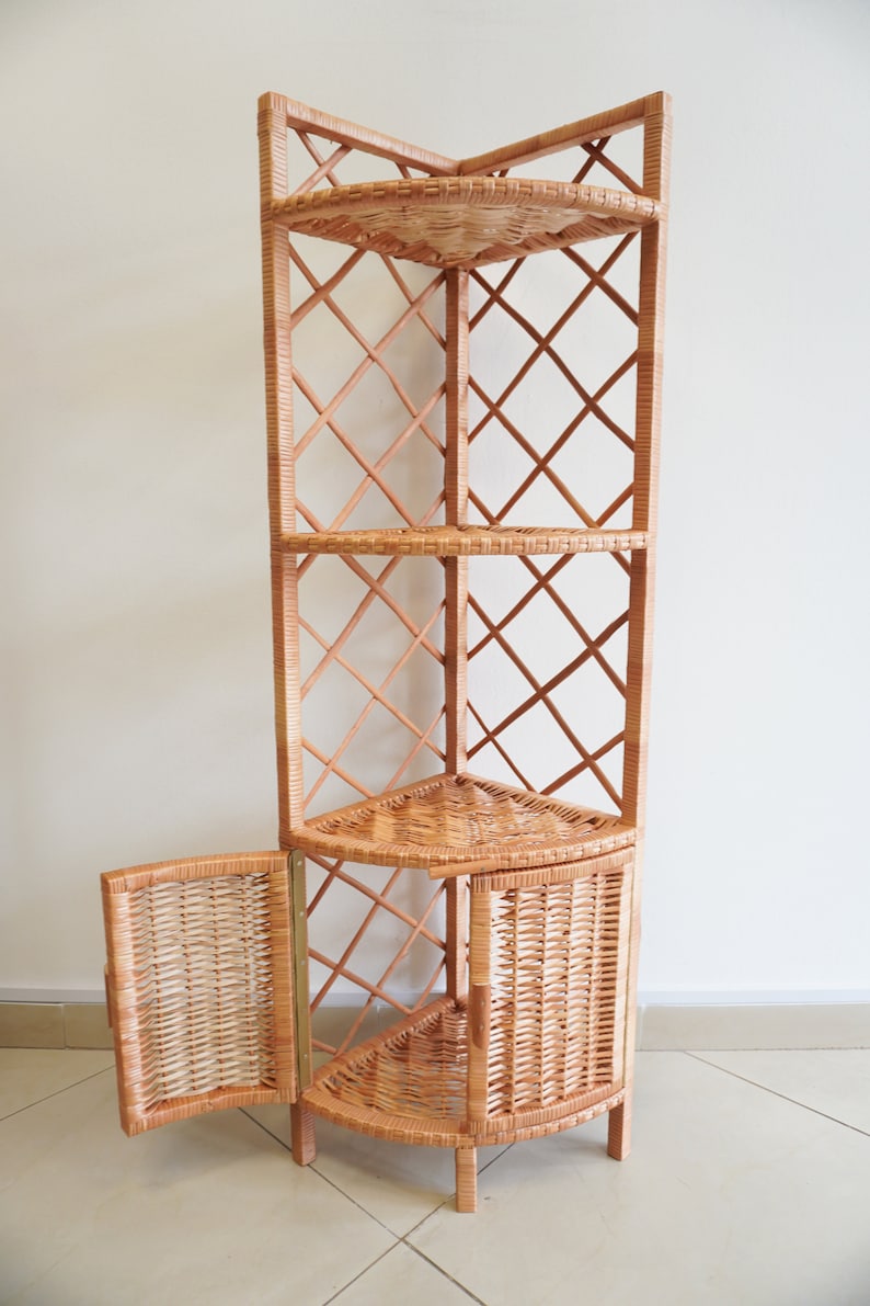 Wicker Boho Corner Shelf Cupboard with 2-Door Storage - TPC010