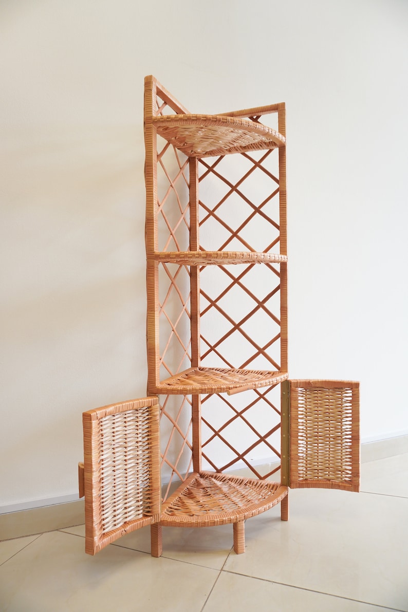 Wicker Boho Corner Shelf Cupboard with 2-Door Storage - TPC010