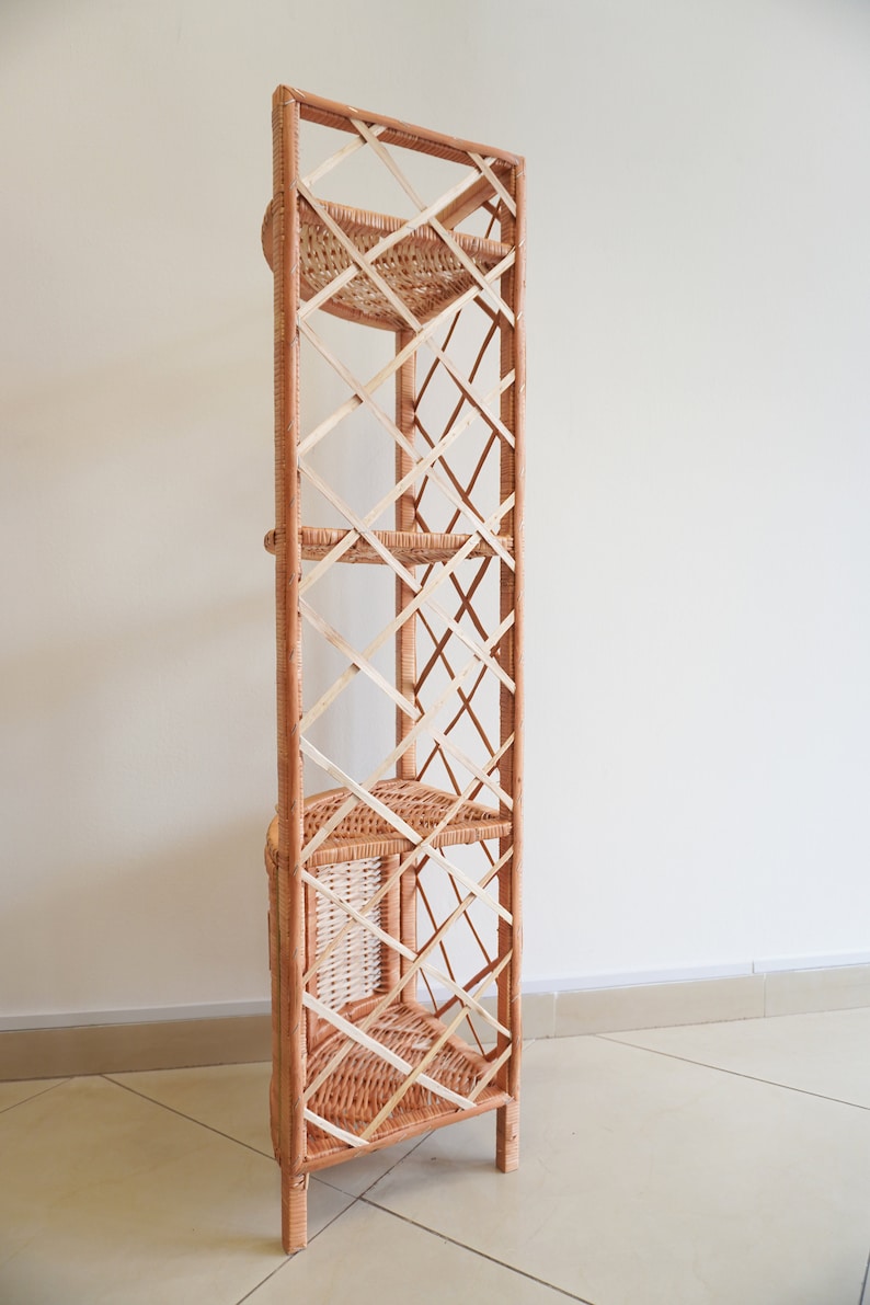 Wicker Boho Corner Shelf Cupboard with 2-Door Storage - TPC010