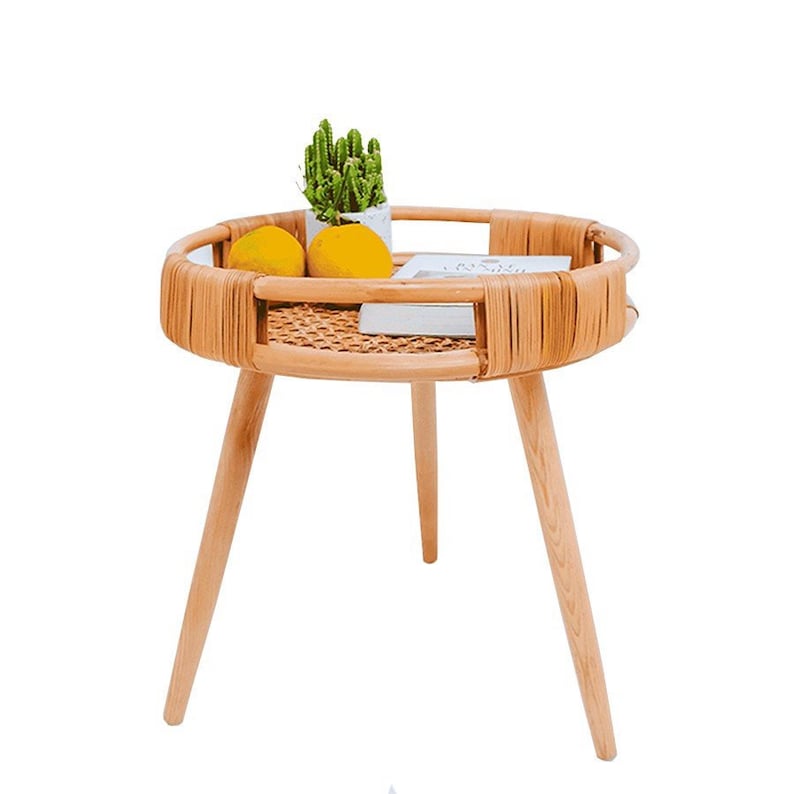 Handmade Rattan Tea Table with Bamboo Table Top - Boho Vintage Round Coffee End Table - TPTB001