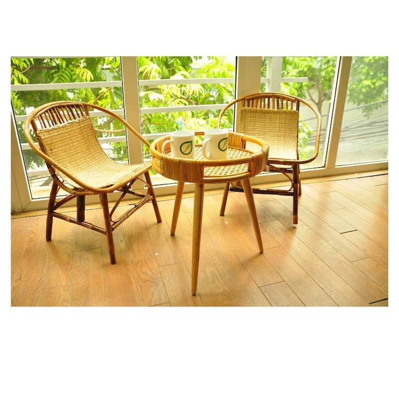 Handmade Rattan Tea Table with Bamboo Table Top - Boho Vintage Round Coffee End Table - TPTB001