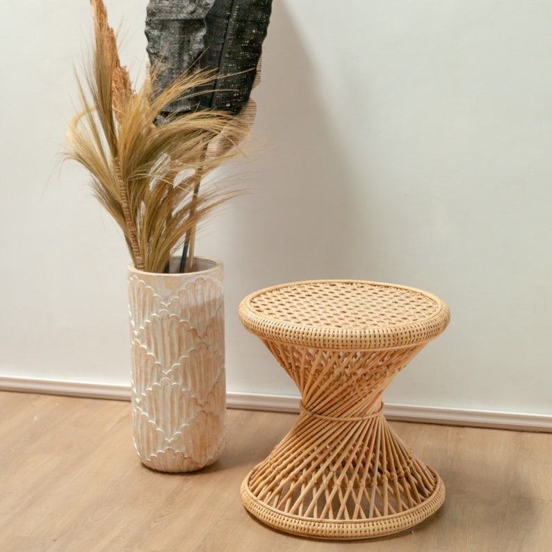 LUHU Rattan Side Table - Round Beige End Table for Couch, Coffee, and Sofa - TPTB006