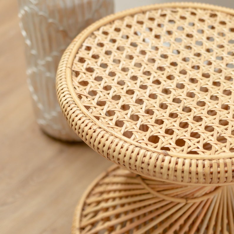 LUHU Rattan Side Table - Round Beige End Table for Couch, Coffee, and Sofa - TPTB006