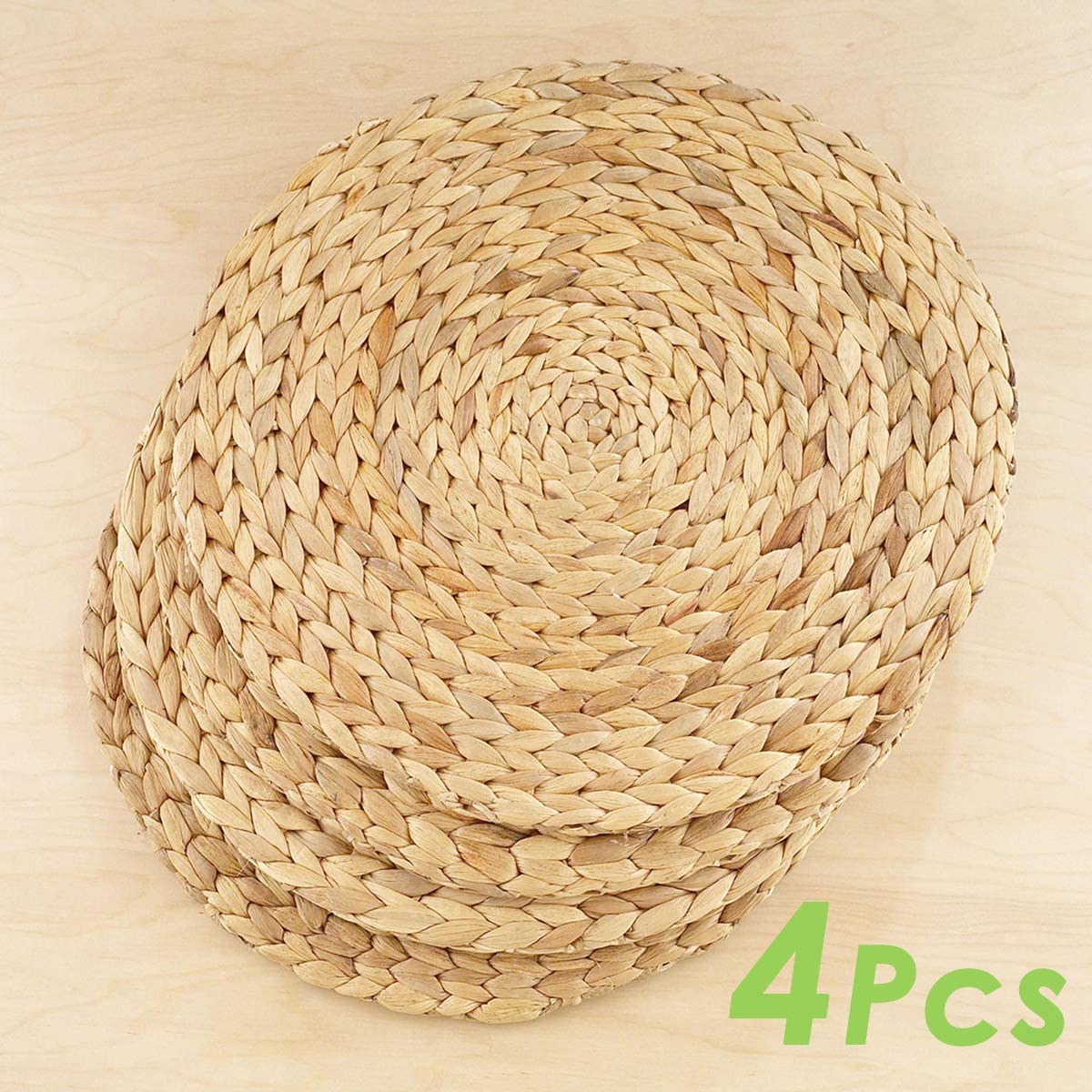 4 Pack 11.8'' Round Natural Water Hyacinth Weave Placemat Handmade Heat Resistant Braided Rattan Grass Mat for Dining Table Decoration