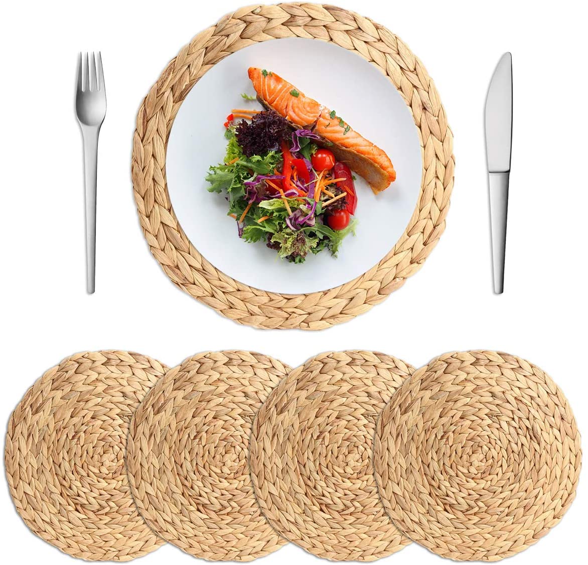 4 Pack 11.8'' Round Natural Water Hyacinth Weave Placemat Handmade Heat Resistant Braided Rattan Grass Mat for Dining Table Decoration