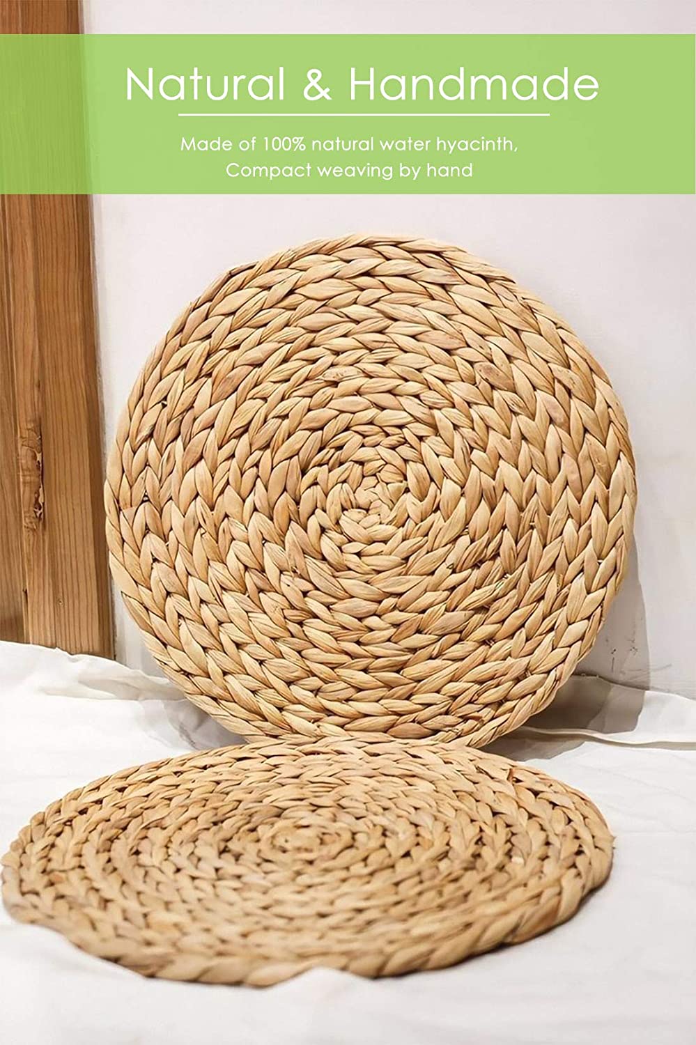 4 Pack 11.8'' Round Natural Water Hyacinth Weave Placemat Handmade Heat Resistant Braided Rattan Grass Mat for Dining Table Decoration