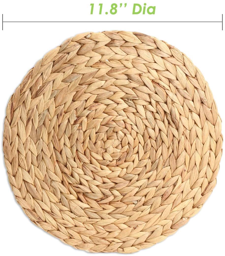 4 Pack 11.8'' Round Natural Water Hyacinth Weave Placemat Handmade Heat Resistant Braided Rattan Grass Mat for Dining Table Decoration