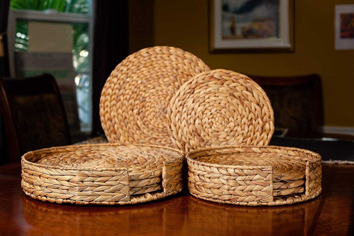 Woven Placemats for Dining Table - Set of 6 Adorable Thick Rustic Round Kitchen Placemats with Decorative Round Holder – All Natural Wicker