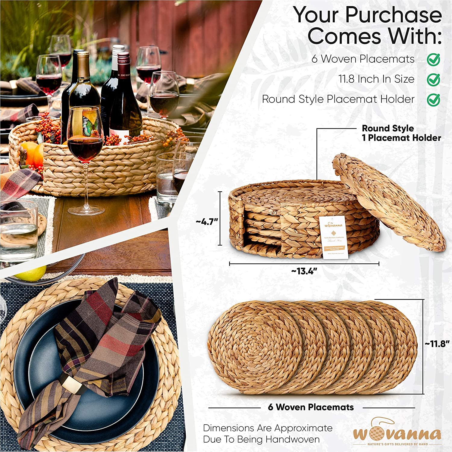 Woven Placemats for Dining Table - Set of 6 Adorable Thick Rustic Round Kitchen Placemats with Decorative Round Holder – All Natural Wicker