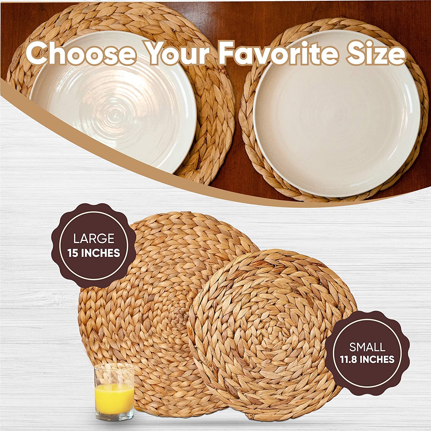Woven Placemats for Dining Table - Set of 6 Adorable Thick Rustic Round Kitchen Placemats with Decorative Round Holder – All Natural Wicker