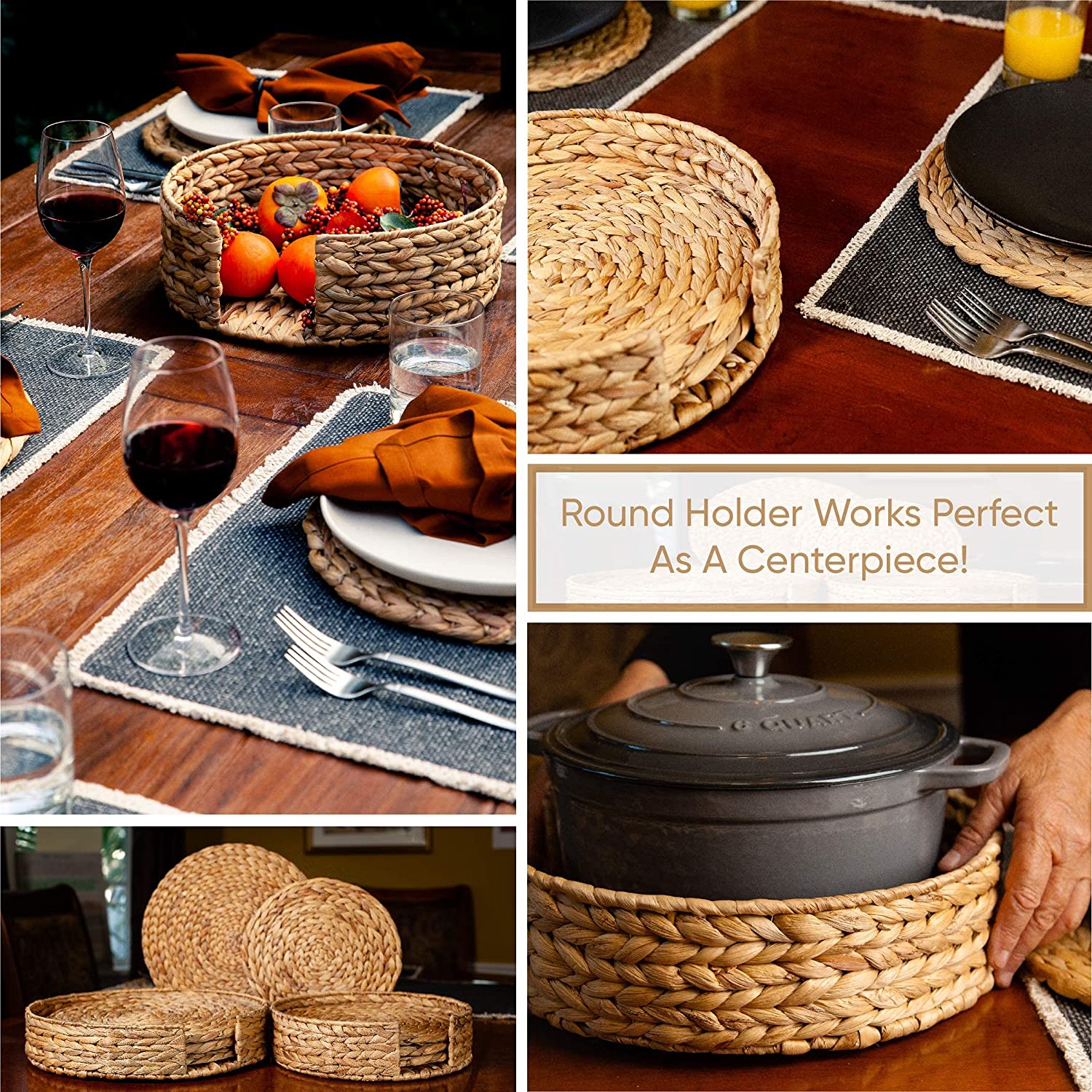 Woven Placemats for Dining Table - Set of 6 Adorable Thick Rustic Round Kitchen Placemats with Decorative Round Holder – All Natural Wicker