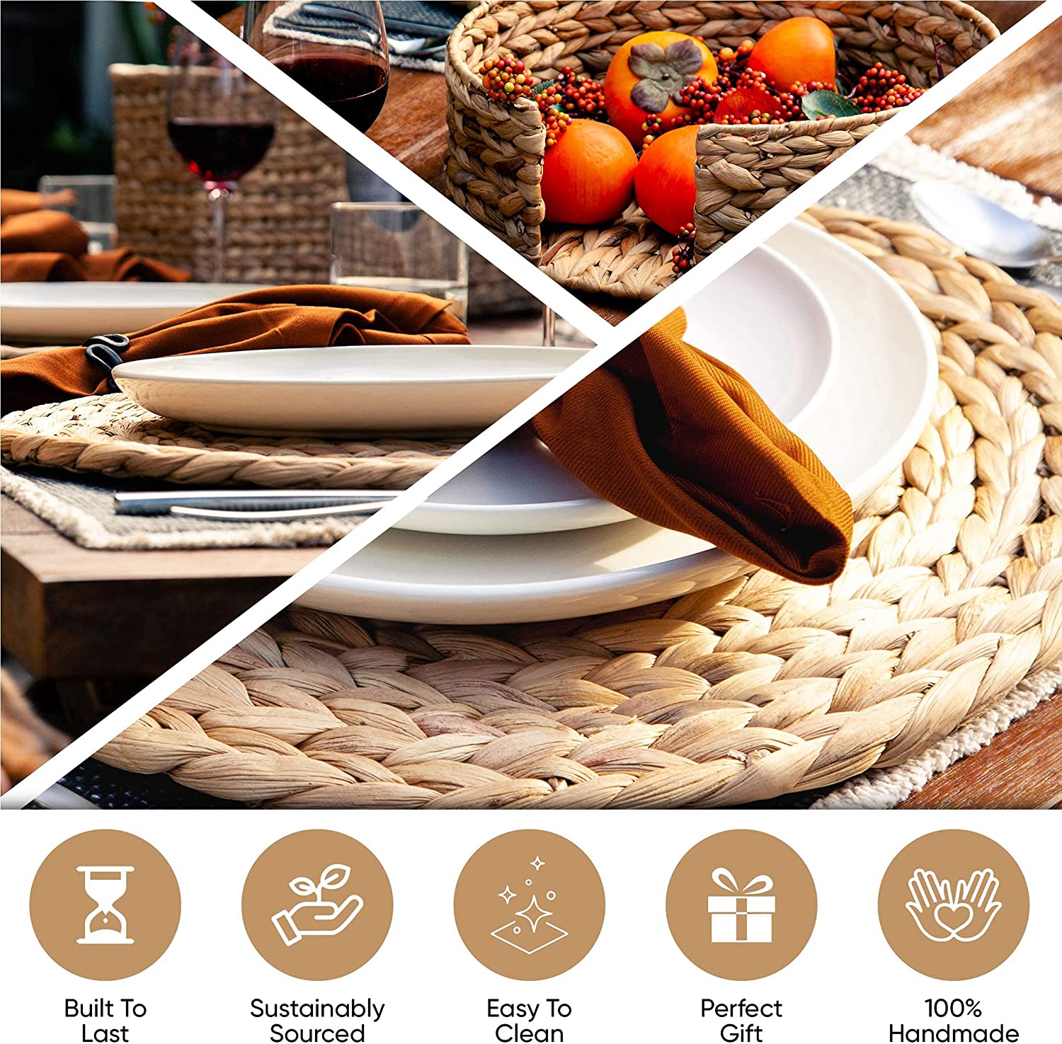 Woven Placemats for Dining Table - Set of 6 Adorable Thick Rustic Round Kitchen Placemats with Decorative Round Holder – All Natural Wicker