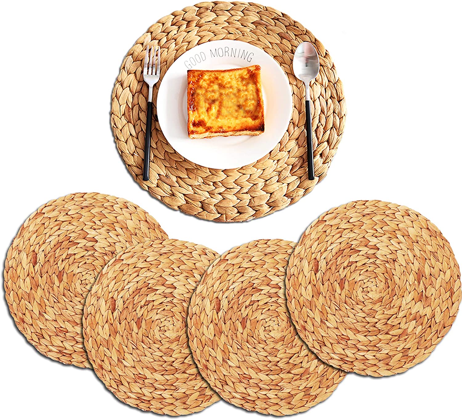 4pack Natural Water Hyacinth Woven placemat, Heat-Resistant Non-Slip Braided Rattan Tablemats Handmade placemat (11.8 Inch)