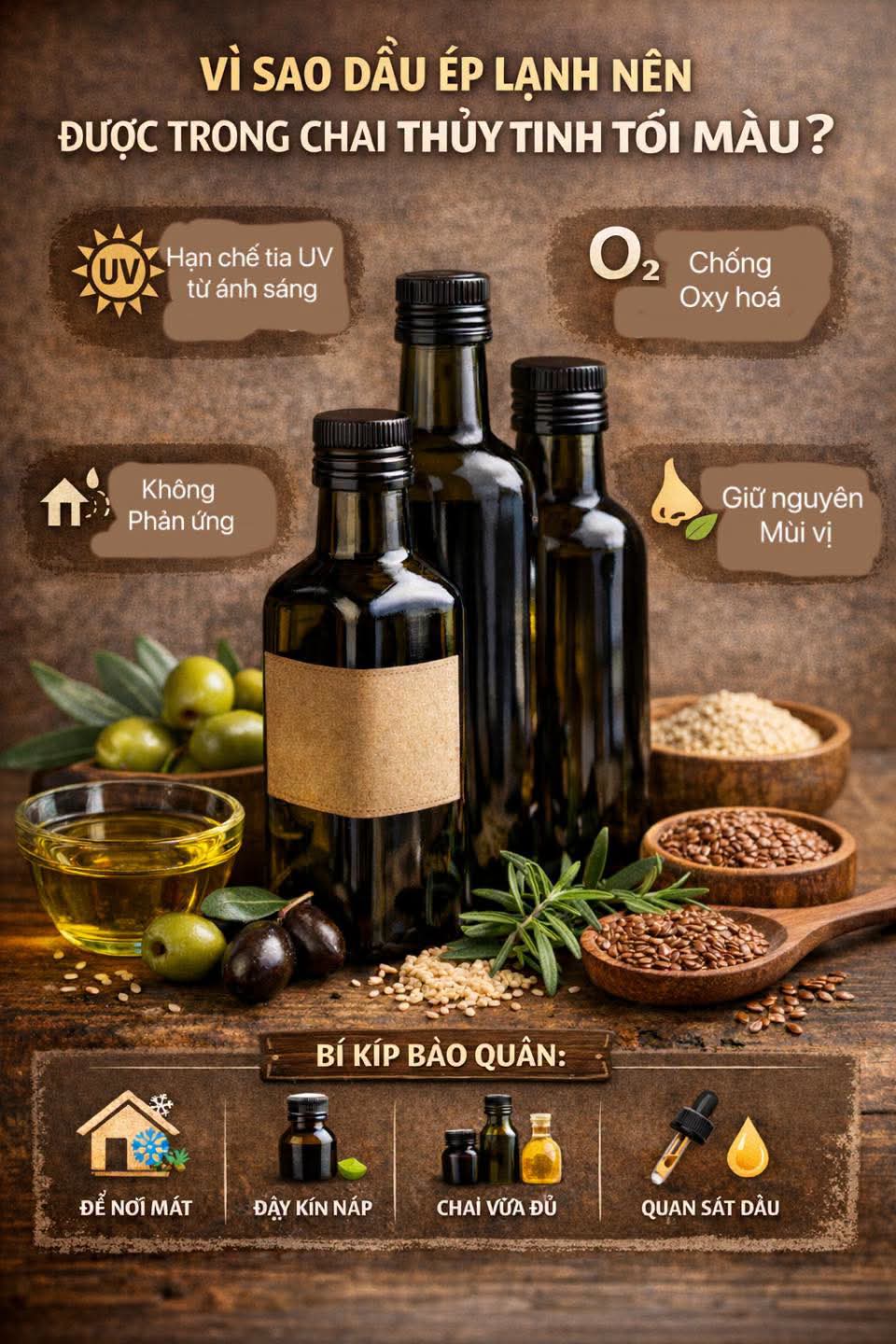 VÌ SAO DẦU ÉP LẠNH NÊN ĐƯỢC ĐỰNG TRONG CHAI THUỶ TINH TỐI MÀU ?