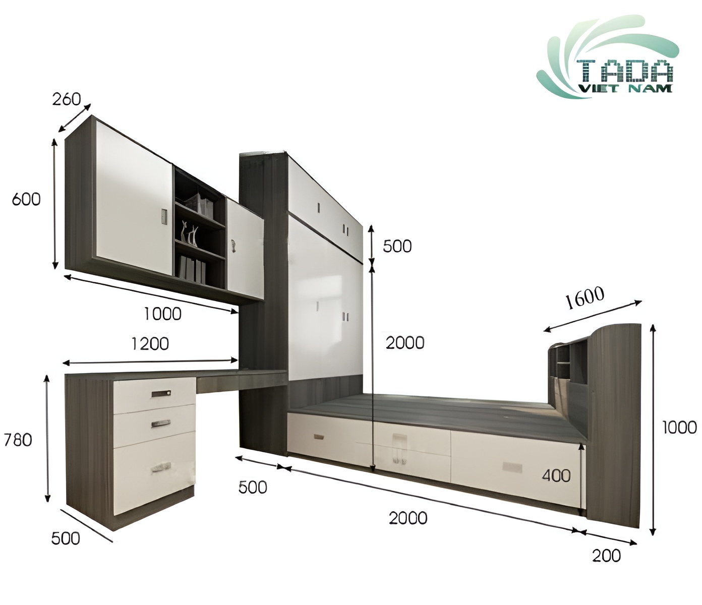 Combo giường tủ kèm bàn học và tủ sách hiện đại Tada Việt Nam TD3191