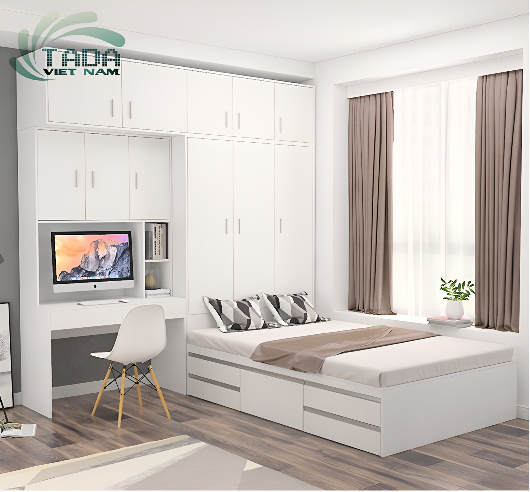 Giường liền tủ kết hợp cả bàn làm việc / kệ sách tạo ra một khu vực làm việc khoa học, tách biệt tương đối khỏi không gian giường