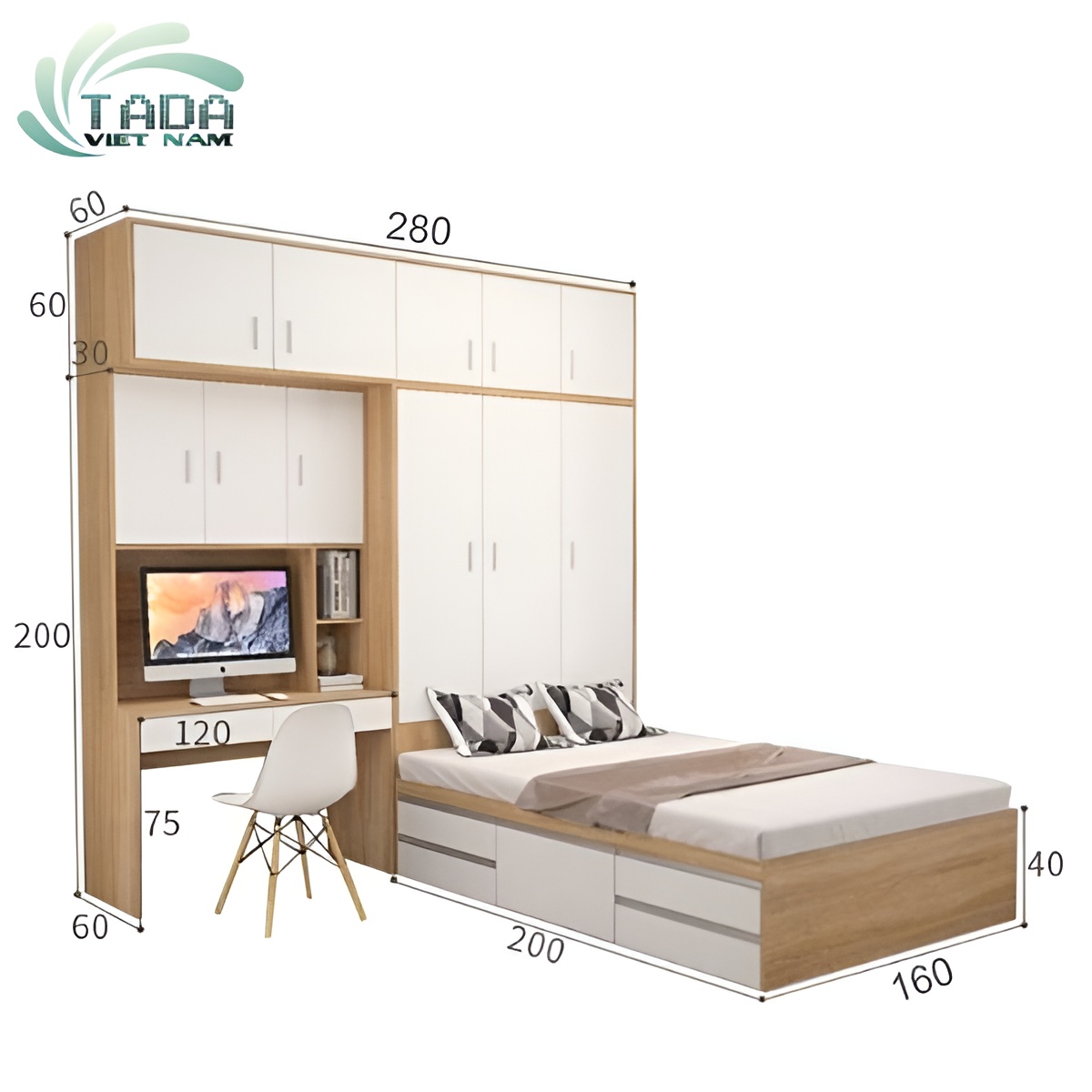 Giường ngủ liền tủ quần áo và bàn học hiện đại, thương hiệu TaDa Việt Nam TD3183