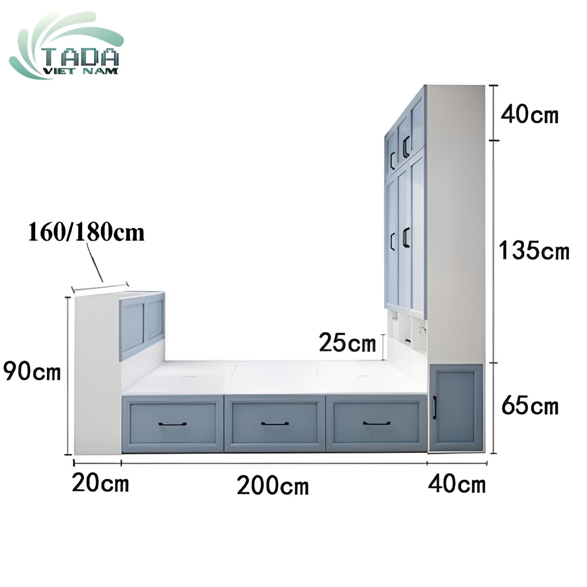 Thiết kế giường kết hợp tủ quần áo dạng bục thanh lịch, thương hiệu TaDa Việt Nam TD3187