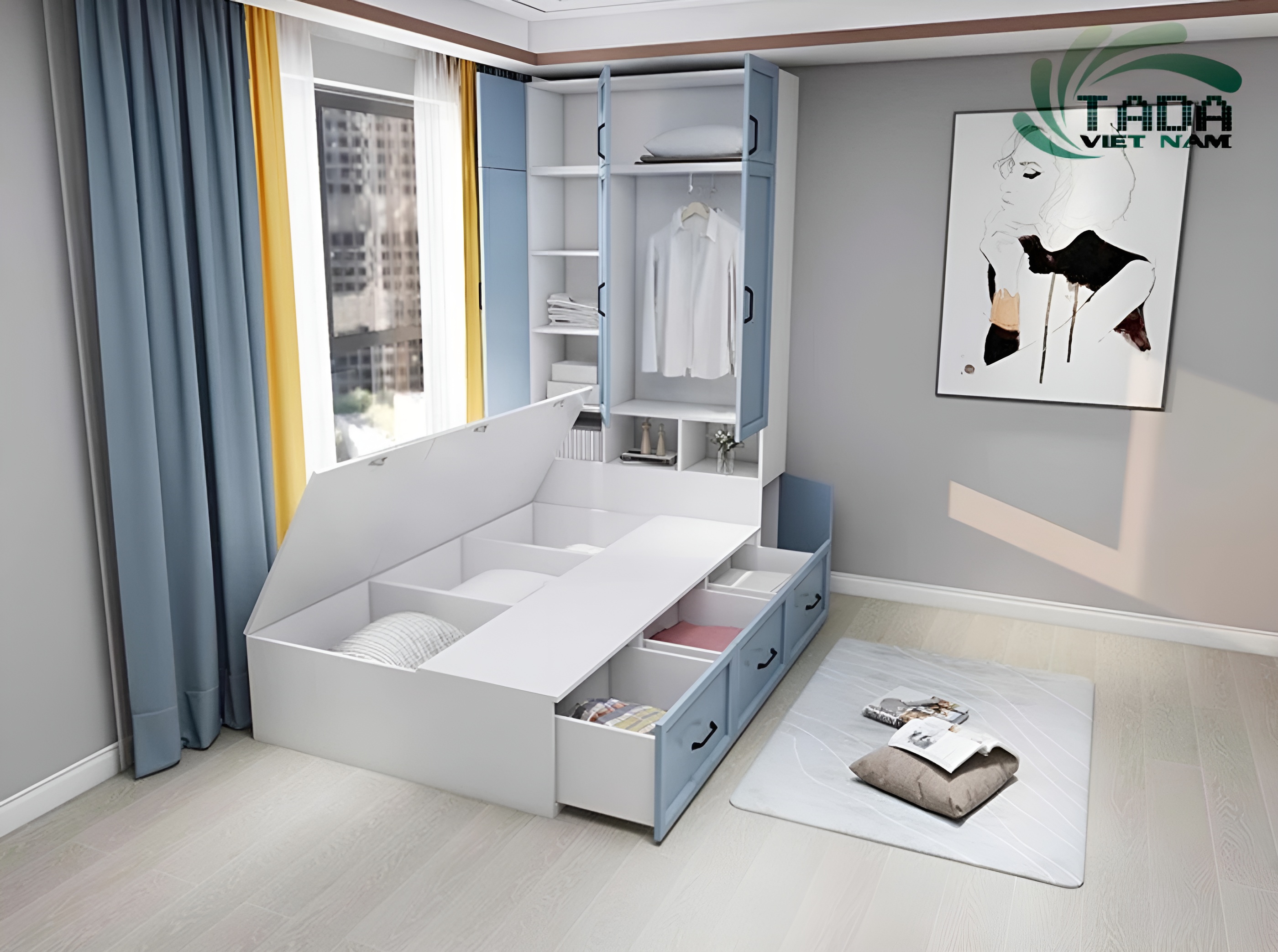 Thiết kế giường kết hợp tủ quần áo dạng bục thanh lịch, thương hiệu TaDa Việt Nam TD3187