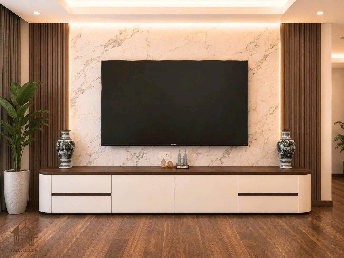 Kệ tivi gỗ hiện đại kết hợp decor phòng khách sang trọng