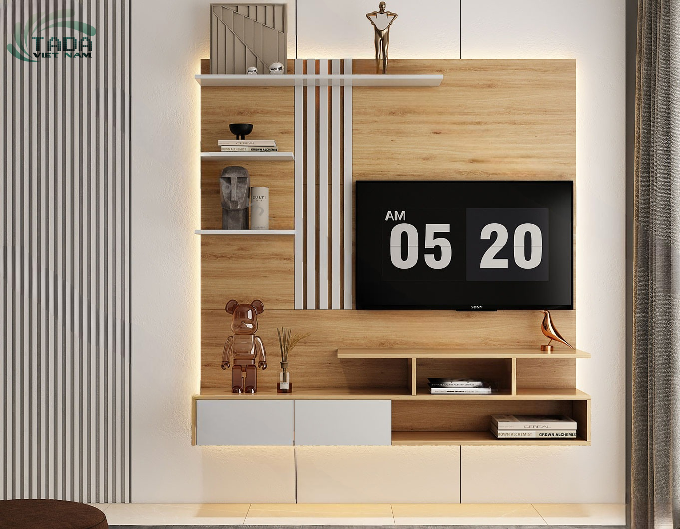 Kệ tivi treo tường liền mạch theo mảng tường gỗ