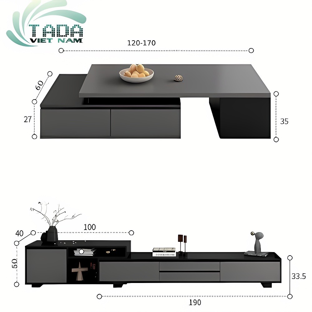 Chi tiết kích thước kệ tivi để sàn và bàn trà TDTV80
