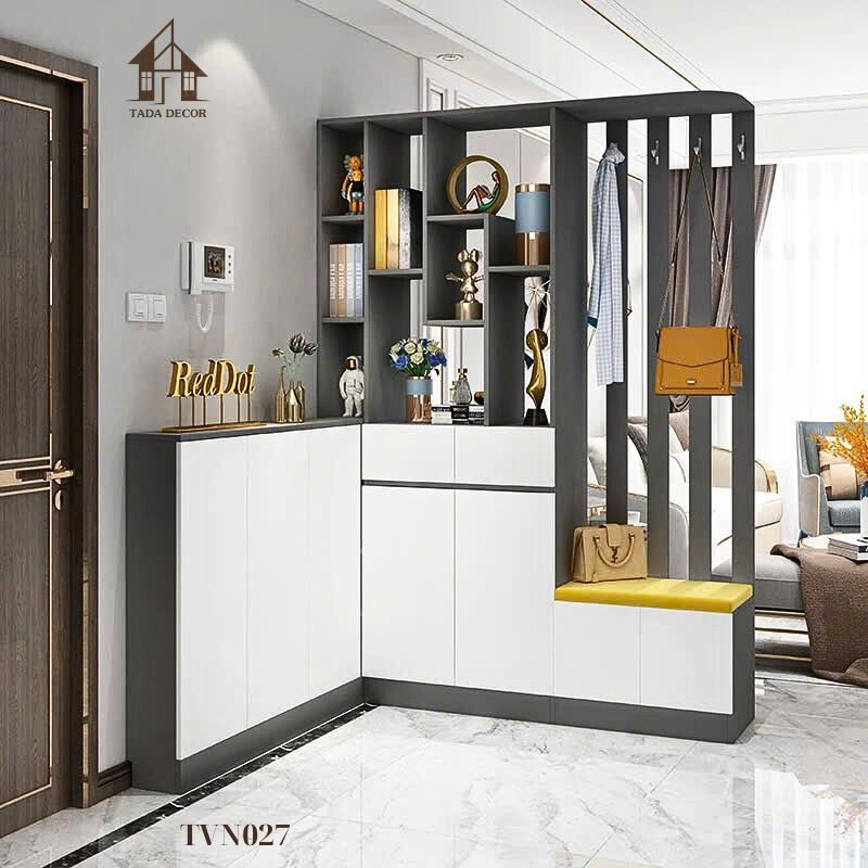 Chi tiết tủ ngăn phối vách TVN027 với các ngăn chứa thông minh giúp tối ưu diện tích lối vào nhà.