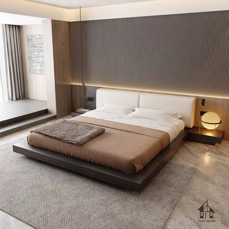Giường bọc nệm kết hợp gỗ mang phong cách hiện đại cho phòng ngủ master