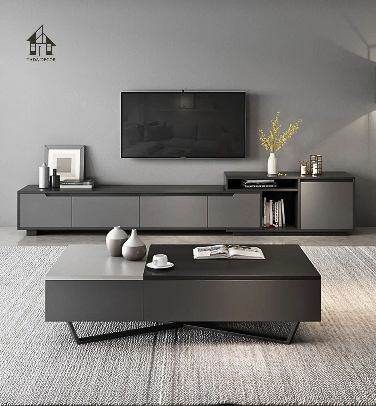 Bàn trà gỗ sang trọng phối cùng kệ tivi đồng bộ