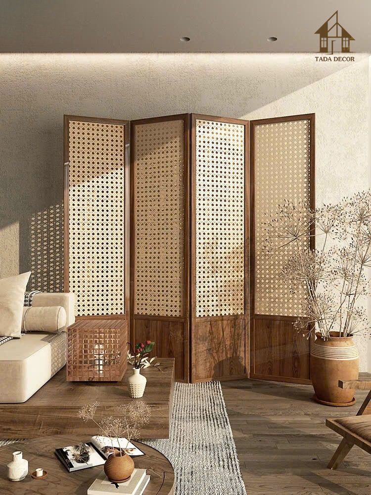 Chi tiết đan mây mắt cáo kết hợp khung gỗ tự nhiên trên vách ngăn VBP849