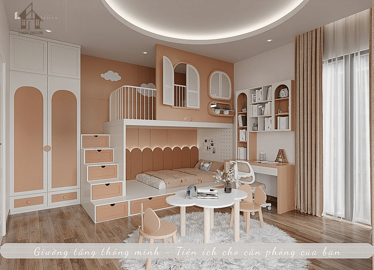 Giường tầng cho bé tích hợp bàn học và tủ quần áo