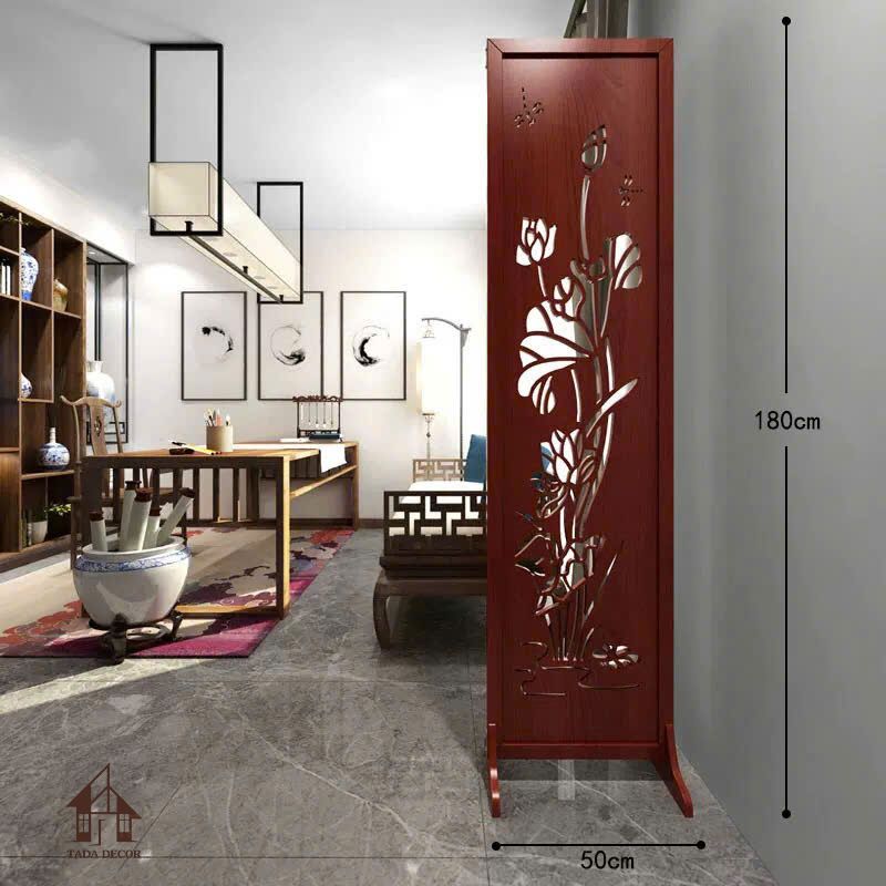 chi tiết hoa sen trên vách bình phong CNC màu đỏ gụ VBP908