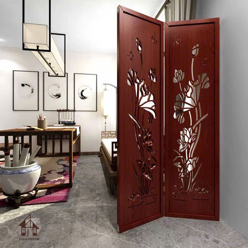 chi tiết hoa sen trên vách bình phong CNC màu đỏ gụ VBP908