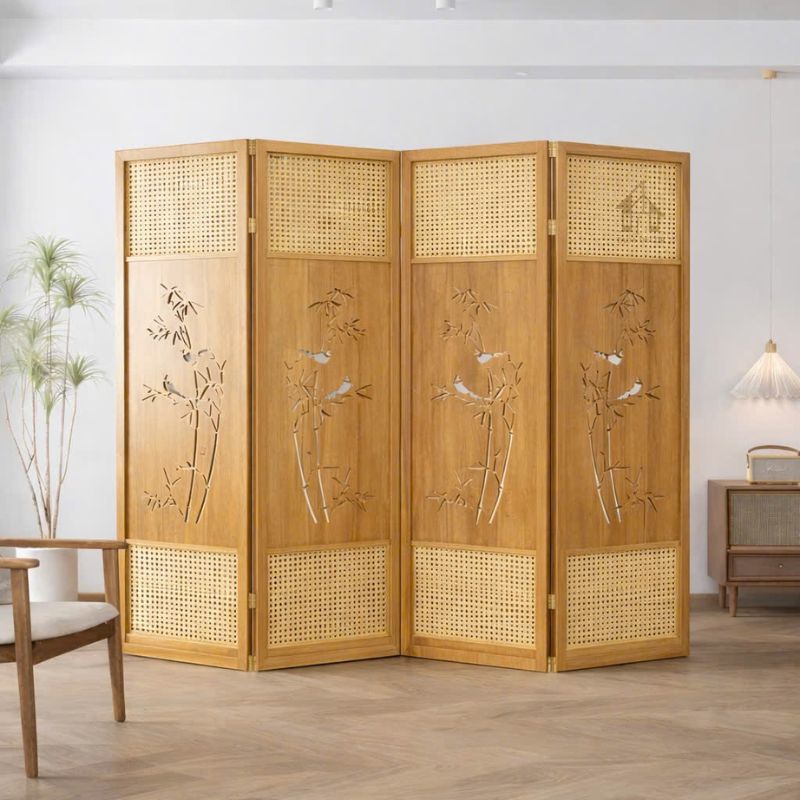 vách ngăn phòng dạng bình phong cánh gỗ phối mây họa tiết tre