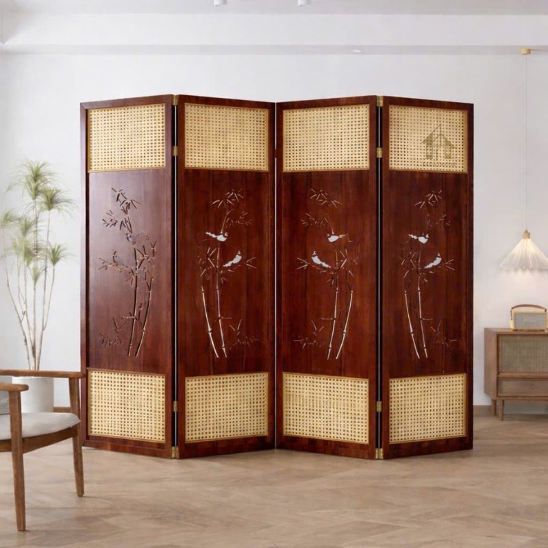 vách ngăn bình phong gỗ MDF họa tiết tre CNC trang trí phòng khách