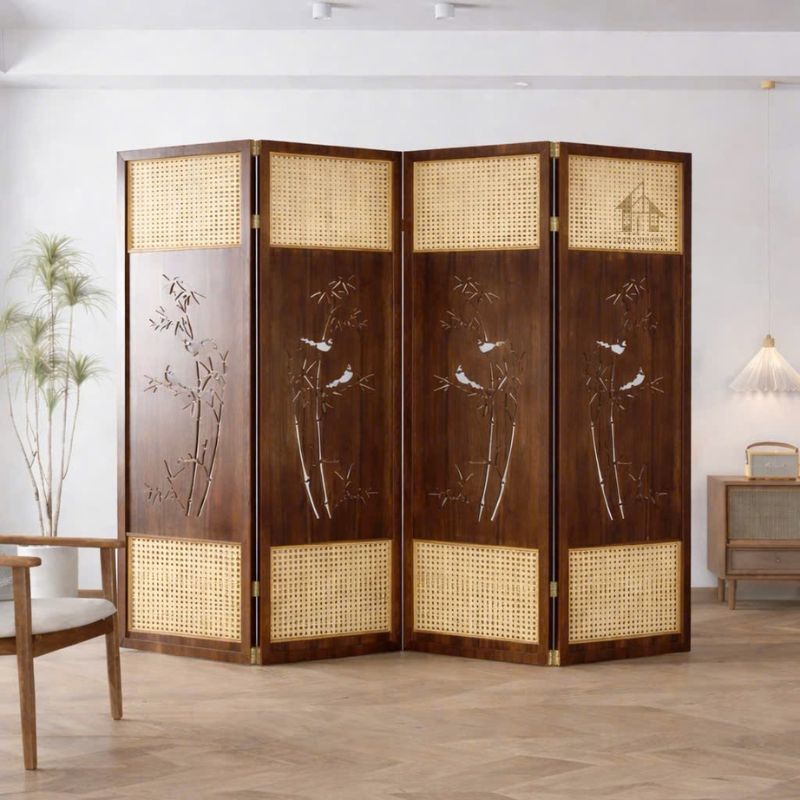 vách ngăn bình phong CNC họa tiết cây tre cánh gỗ phối mây MDF