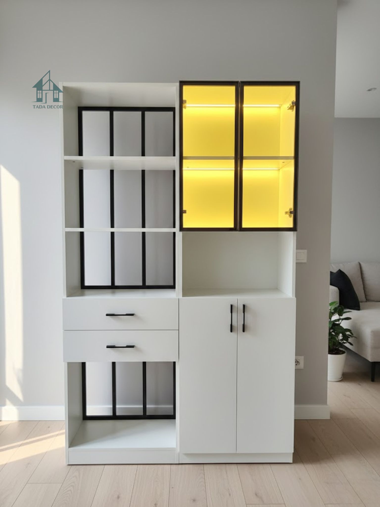 Tủ gỗ đa năng phòng khách thiết kế hiện đại kết hợp cánh kính và đèn LED