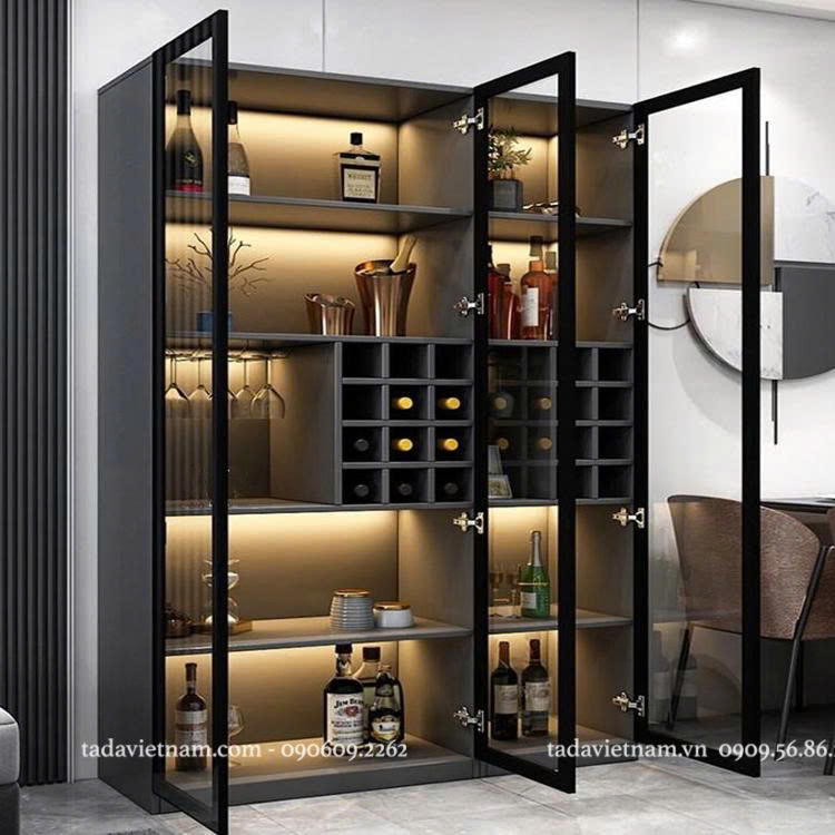 trang trí tủ rượu phòng khách đẹp với đèn led