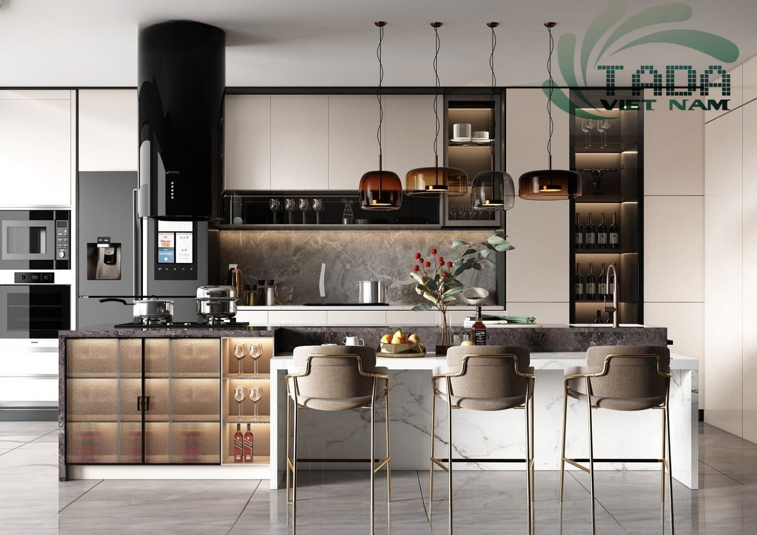 Tủ bếp kết hợp với tủ rượu thiết kế độc đáo tôn lên vẻ đẹp của căn bếp, thương hiệu TADA Việt Nam - TD3032