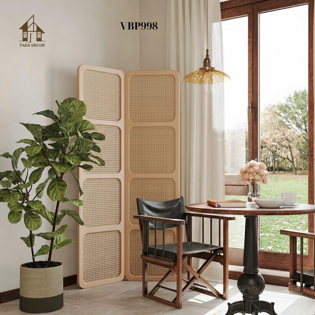 Vách ngăn mây mắt cáo TADA VBP998 lắp đặt tại quán cà phê – tạo cảm giác thư giãn, gần gũi và đậm chất tự nhiên.