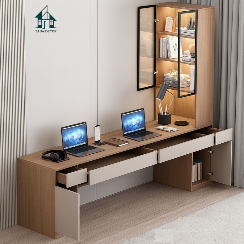 Bàn Học Đôi Dáng Dài Tích Hợp Đèn LED Và Kệ Sách Cánh Kính Sang Trọng – TADA Việt Nam TDBH776