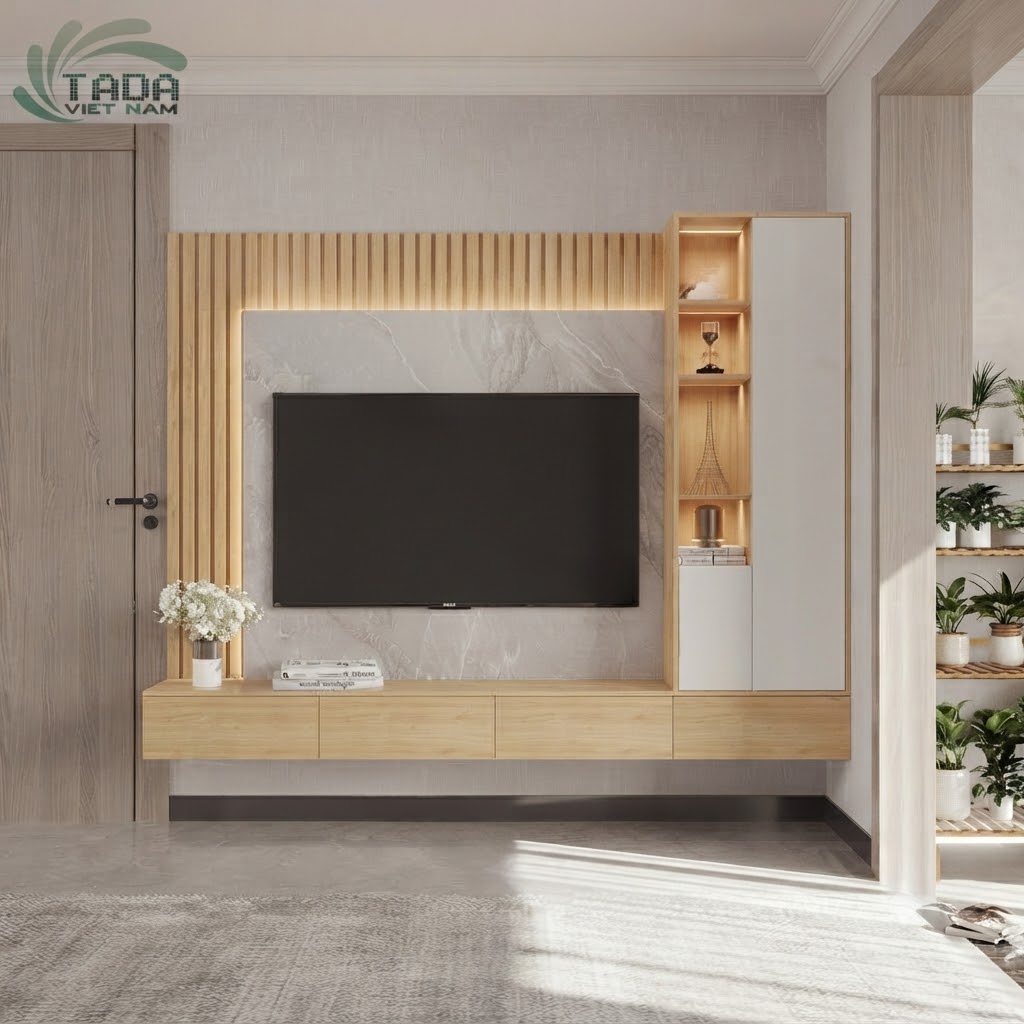 Tối Ưu Hóa Không Gian: Kệ TV Gỗ Công Nghiệp và Mảng Tường Đẹp Mắt TVMT1