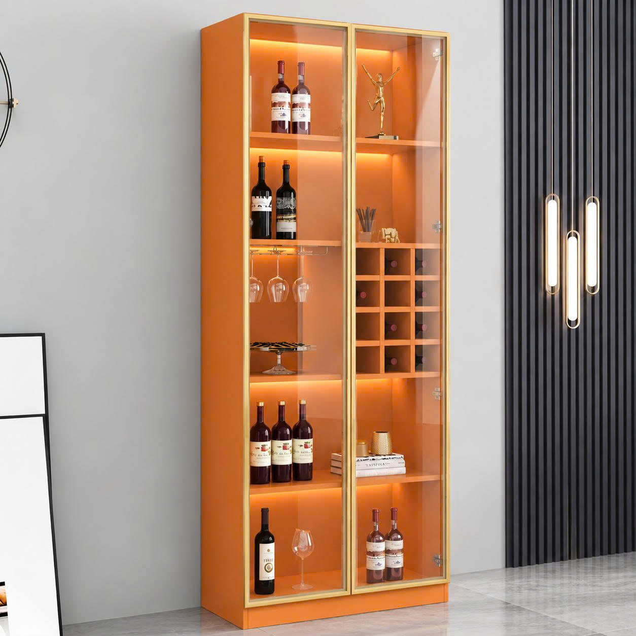 Tủ Rượu Trang Trí Màu Cam Độc Đáo, Tích Hợp Đèn LED - Thương Hiệu TADA Việt Nam - TDTR96