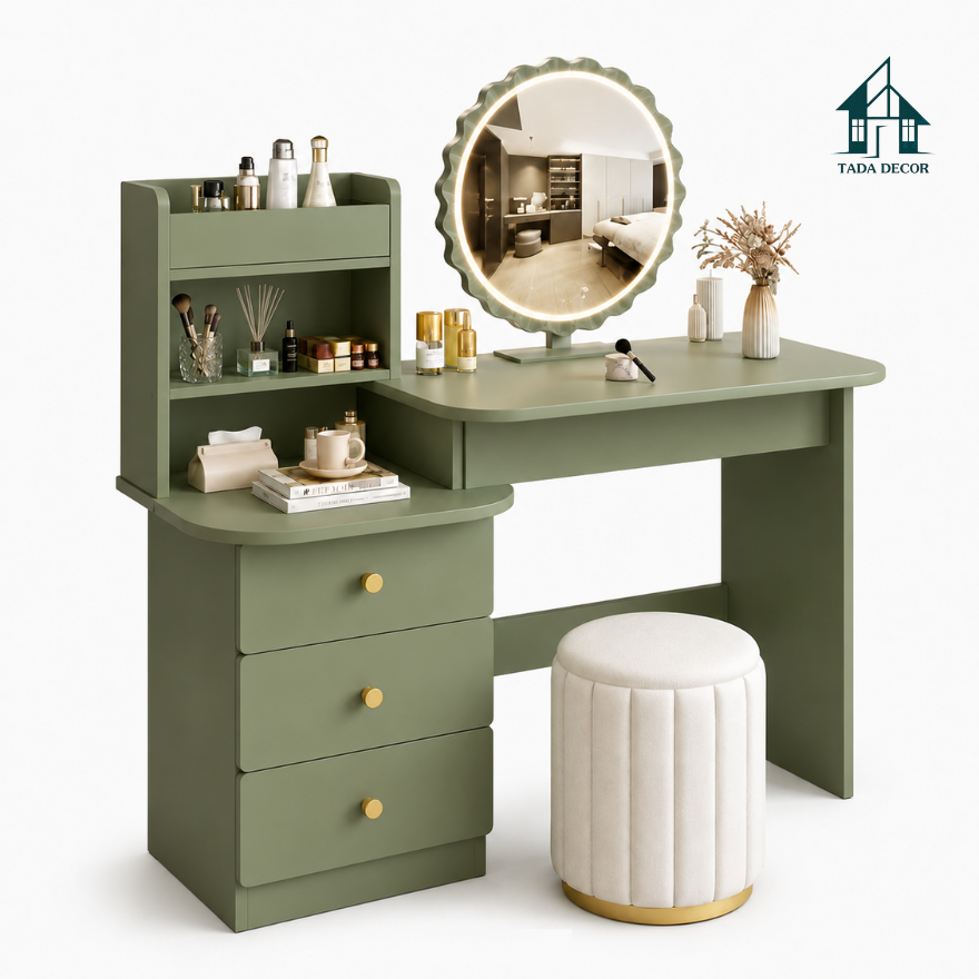 Mẫu bàn trang điểm đẹp cho phòng ngủ chung cư tông màu xanh olive - 2