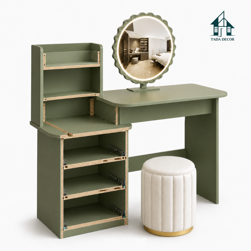 Mẫu bàn trang điểm đẹp cho phòng ngủ chung cư tông màu xanh olive - 5