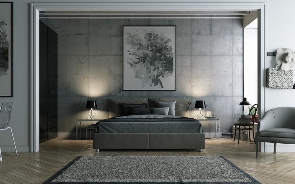 Phòng ngủ ấn tượng nhờ trang trí với tường bê tông