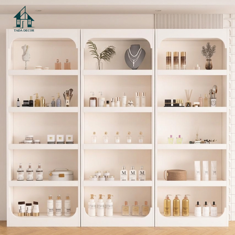 Hệ tủ kệ gỗ trưng bày mỹ phẩm spa nhiều tầng màu trắng bo góc hiện đại - 1